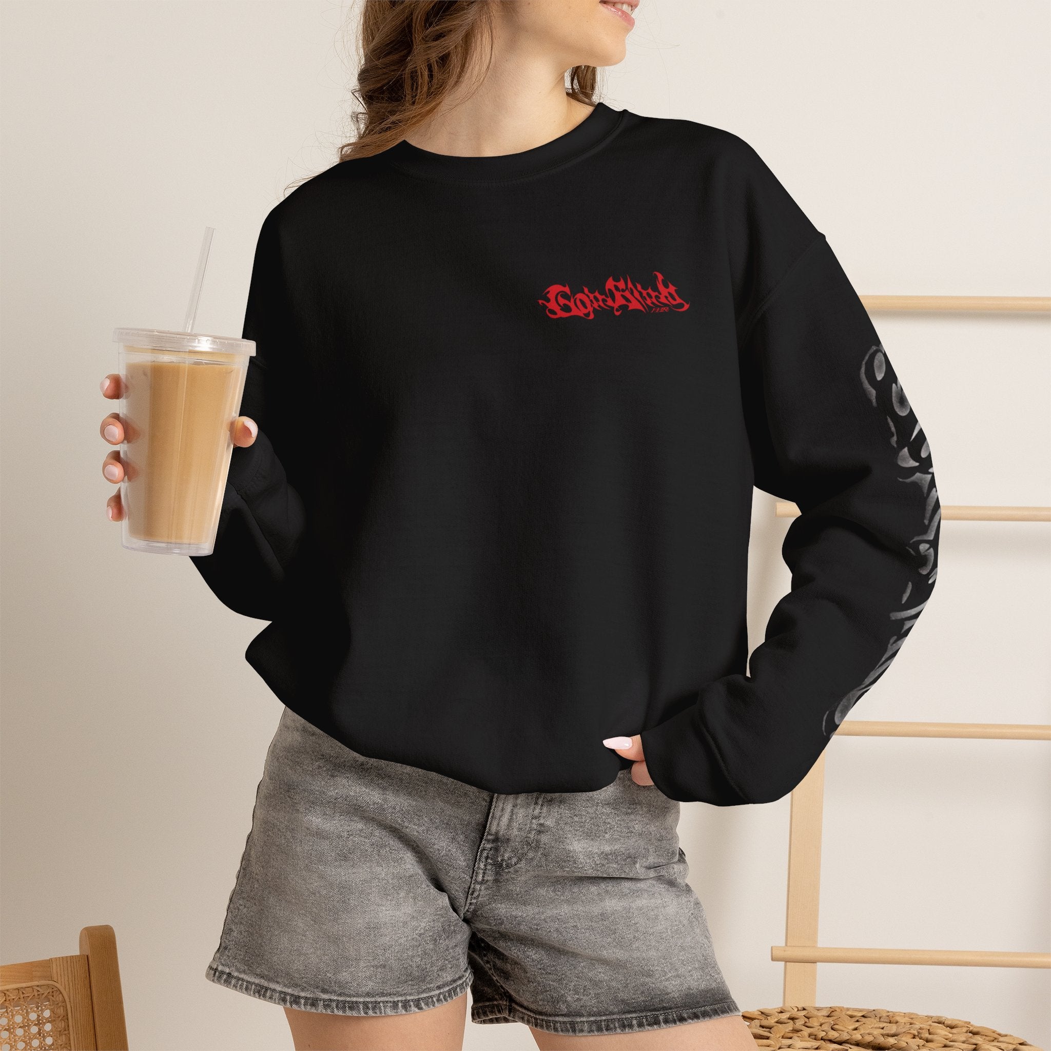 AndTeam-Single : Go in Blind concept Crewneck Sweatshirt — Red Wolf Graphic on Black