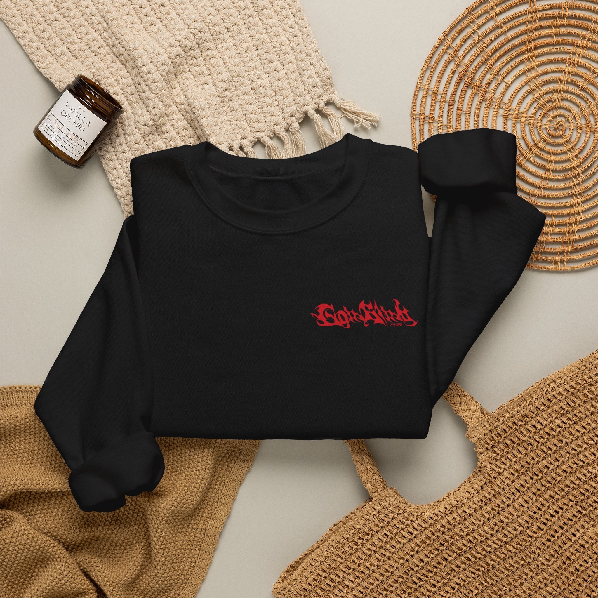 AndTeam-Single : Go in Blind concept Crewneck Sweatshirt — Red Wolf Graphic on Black